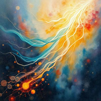 The primary subject of the image is a painting featuring a blue and yellow background with a bright orange streak. The setting is a dark background, which contrasts with the vibrant colors of the painting. The visual style is a mix of digital art and illustration, creating a unique and eye-catching piece. The dominant colors are blue, yellow, and orange, giving the painting a lively and energetic atmosphere.